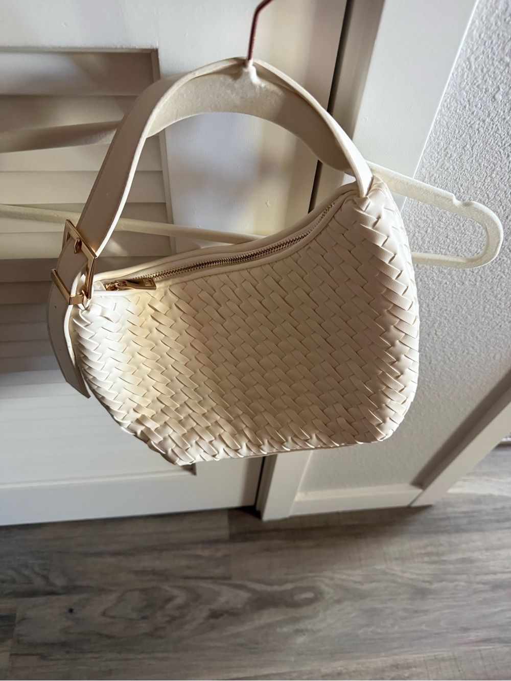 Woven Cream Shoulder Bag with Gold Accents